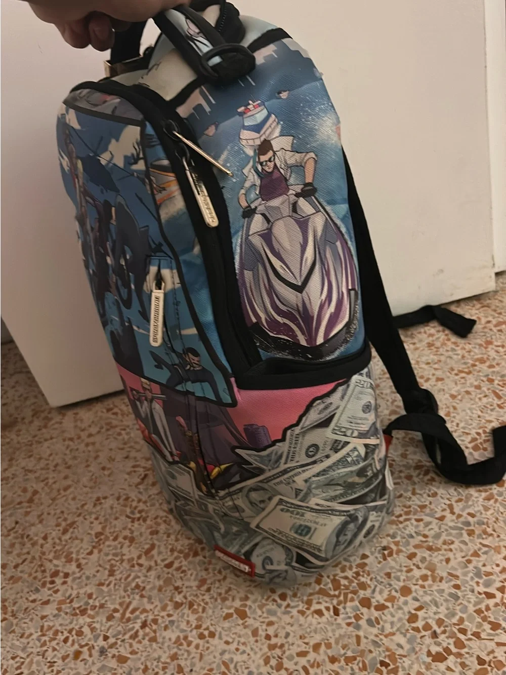 Graphic Adventure Print Backpack in Blue and Black